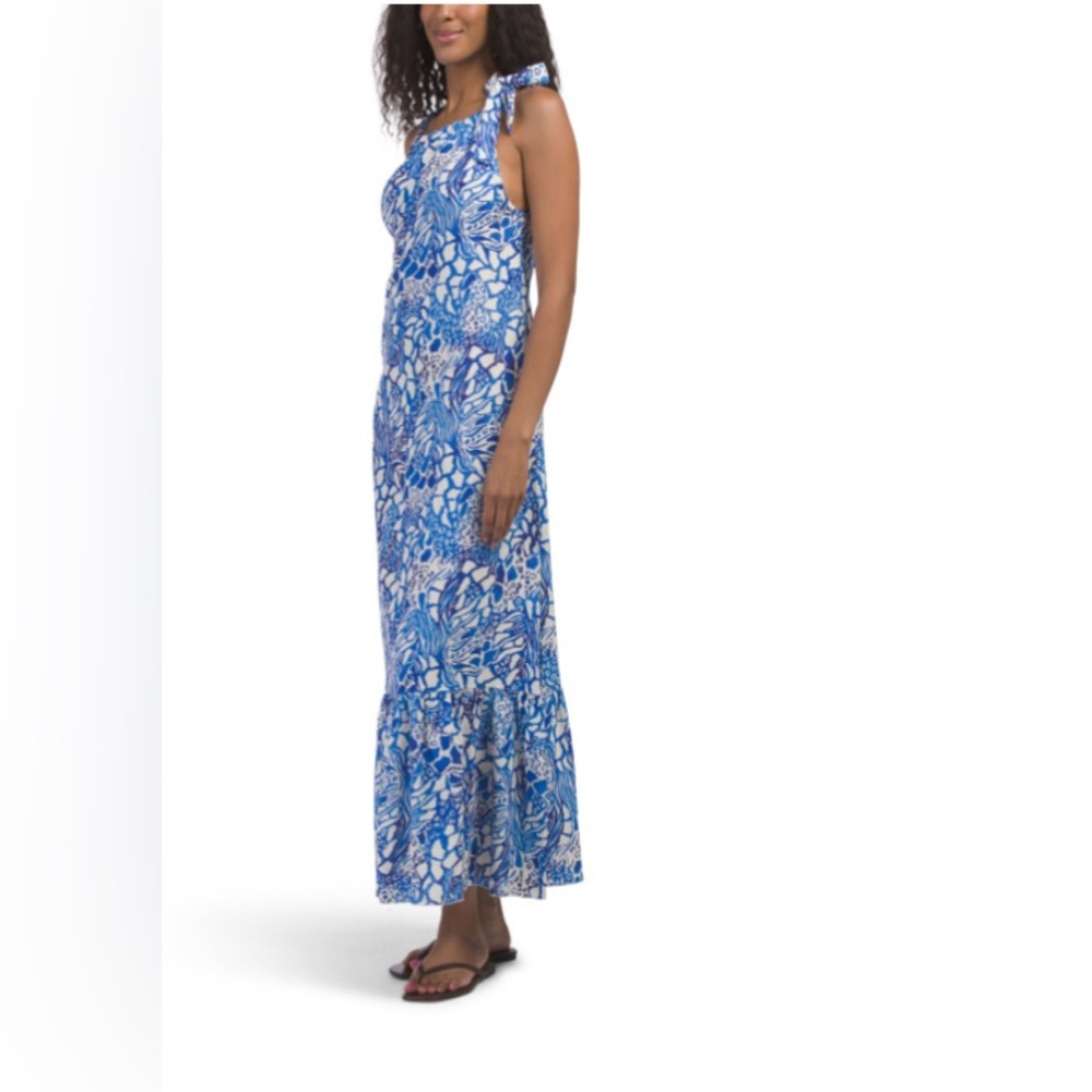 Made In Italy Linen Blend Tie Shoulder subtle Animal Print Maxi Dress